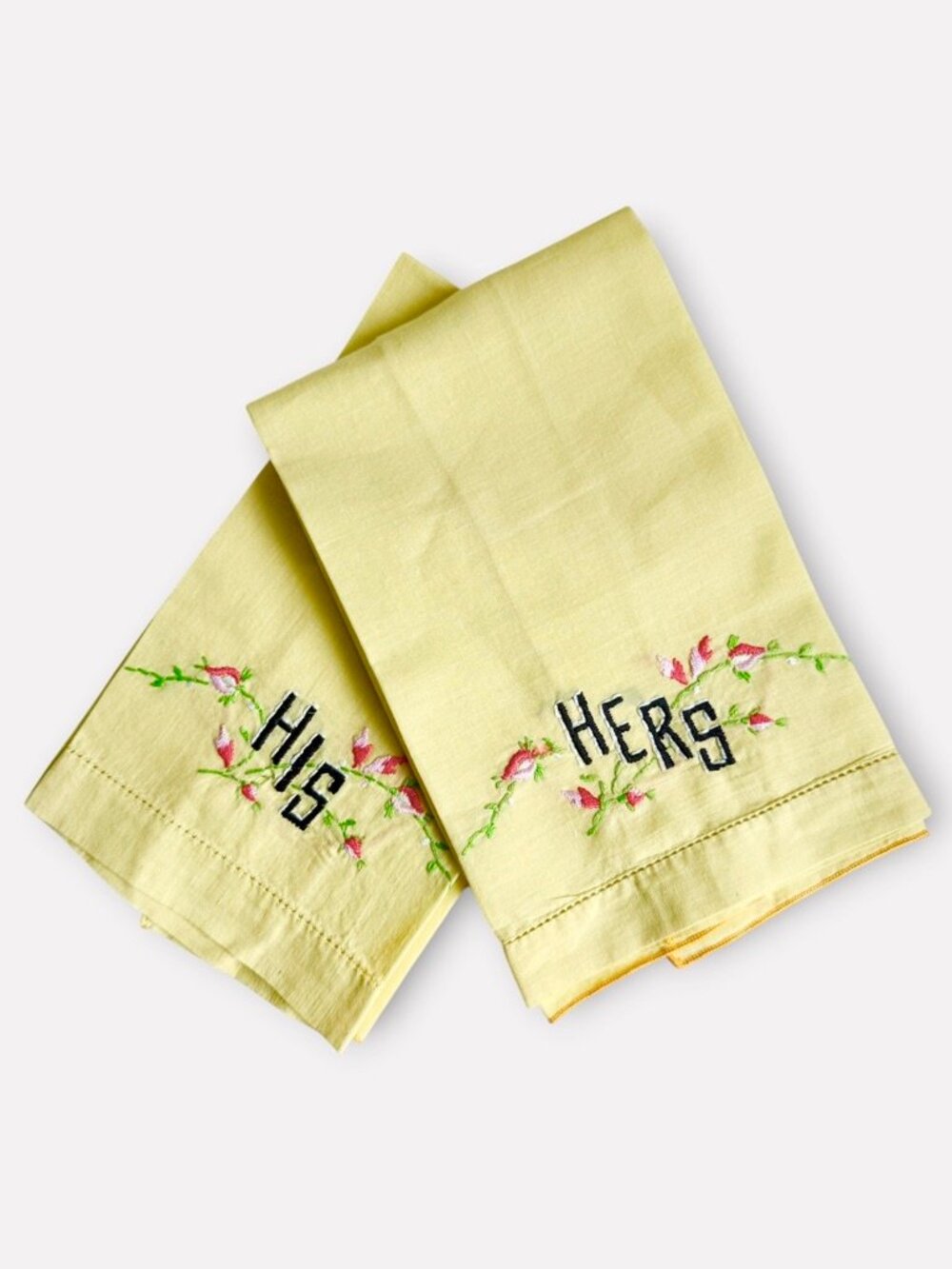 Vintage His and Hers Vintage Linen Embroidered Hand Towels